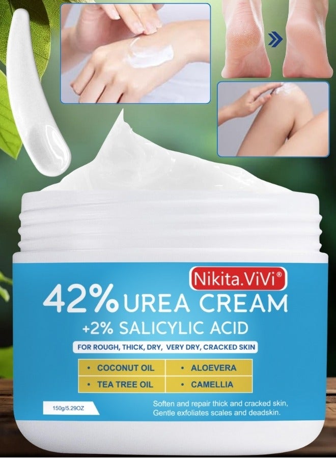 NIKITA.VIVI كريم يوريا 150 جرام 42% مع حمض الساليسيليك لعلاج تشققات القدمين واليدين وإزالة الكالو وكريم اليدين وكريم القدمين لتشققات كعب القدم والمرفقين والأظافر والركب ومرطب البشرة مع أقصى قوة - Image 1